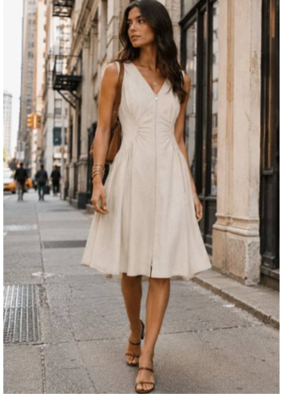 Candescent VNeck Defined Waist Linen-Blend Midi Dress 2Way Front Zip Party Biege